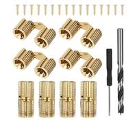 8pcs Hidden Brass Barrel Hinges, 180 Degree Opening Angle Concealed Furniture Hinges with Drill Bit 16 Screws & Flathead Screwdriver for DIY Wooden Jewelry Box Cabinet Furniture