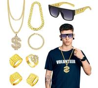 8Pcs Hip Hop Costume Accessories Set, 80s/90s Chunky Rapper Rocker Fancy Dress Kit with Dollar Sign Ring Necklace Bracelet Glasses for Men Women Disco Theme Party Dress Up Party