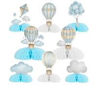 8Pcs Hot Air Balloon Honeycomb Centerpieces Blue Hot Air Balloon Clouds Table Centerpieces Travel Adventure Awaits Table Toppers for Birthday Baby Shower Supplies