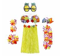 8PCS Hula Skirt Costume Hawaiian Leis Dancer Dress Set with Flower Bikini Top, Hawaiian Lei, Hibiscus Hair Clip, Pineapple for Adults Fancy Dress Supplies Party Summer Beach Tropical Party - Yellow