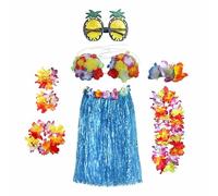 8PCS Hula Skirt Costume Hawaiian Leis Dancer Dress Set with Flower Bikini Top, Hawaiian Lei, Hibiscus Hair Clip, Pineapple for Adults Fancy Dress Supplies Party Summer Beach Tropical Party - Blue