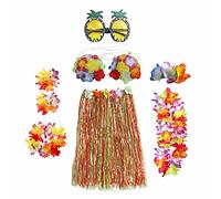 8PCS Hula Skirt Costume Hawaiian Leis Dancer Dress Set with Flower Bikini Top, Hawaiian Lei, Hibiscus Hair Clip, Pineapple for Adults Fancy Dress Supplies Party Summer Beach Tropical - Multicolor