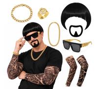 8PCS Ibiza Final Boss Costume, Final Boss Costume, 90s Meme Cosplay Ibiza | Funny Costumes with Black Bowl Cut Wig, Mustache,Sunglasses, Tattoo Sleeves, Gold Chain & Ring for Halloween Carnival Cosplay