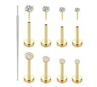 8PCS Implant Grade G23 Titanium Threadless Flat Back Earrings Stud Set, 18G Gold Push In Nose Studs Lip Cartilage Helix Tragus Medusa Conch Body Piercing Jewelry for Women and Men, 6mm 7mm 8mm Labret