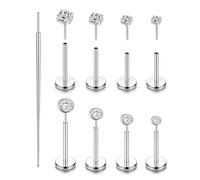 8PCS Implant Grade G23 Titanium Threadless Flat Back Earrings Stud Set, 18G Silver Push In Nose Studs Lip Cartilage Helix Tragus Medusa Conch Body Piercing Jewelry for Women and Men, 6mm 7mm 8mm