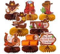 8pcs It's My Second Rodeo Cowboy Honeycomb Centerpieces Wild West 2nd Birthday Party Table Decorations Western Cowboy Tabletop Centerpieces for Boys 2 Years Old Two Birthday Table Topper Sign Decors
