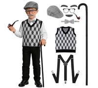 8PCS Kids Old Man Costume Boys Grandpa Outfit Fancy Dress for Halloween | 1920s Knit Vest, Flat Cap, Bow Tie, Cane, Suspenders, Mustache, Glasses, Pipe, 100 Days of School, World Book Day, Ages 3-10