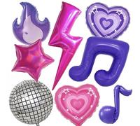 8Pcs Kpop Idol Music Balloons/Rock and Roll Party Decor/Purple Flame, Disco Ball, Lightning, Music Note Foil Balloons for Demon Hunt Birthday Decor/Concert Night, Girl Group Pop Star Party Supplies