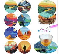 8PCS Landscape Diamond Art Coasters with Holder, DIY 5D Small Wooden Diamond Painting Coasters for Adults, Non Slip Mosaic Dot Painting Coaster with Cork Pads for Beginners 4x4 Inch