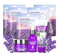 8PCS Lavender Skin Care Sets - Facial Kit for Glowing Skin for Women - Moisturising Skincare Gift Set With Cleanser, Serum, Cream & 5 Hydrating Sheet Masks - Pamper Gift Set for Women Teenage Girls