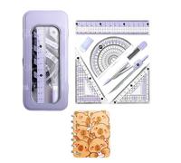 8PCS Maths Geometry Set with Metal Compass, Ruler, Protractor, Set Squares, Eraser, Pencil Leads & Sturdy Metal Case with Free Capybara Notebook - Stationery Kit for Students & Teachers (A-Purple)
