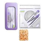 8PCS Maths Geometry Set with Metal Compass, Ruler, Protractor, Set Squares, Eraser, Pencil Leads & Sturdy Metal Case with Free Capybara Notebook - Stationery Kit for Students & Teachers (B-Purple)