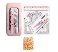 8PCS Maths Geometry Set with Metal Compass, Ruler, Protractor, Set Squares, Eraser, Pencil Leads & Sturdy Metal Case with Free Capybara Notebook - Stationery Kit for Students & Teachers (A-Pink)