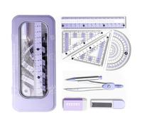 8PCS Maths Set Geometry Set for Secondary School Protractor and Compass Set School Stationery Supplies with Metal Box Prevent Myopia Clear Dual Color Kids Drawing School Mathematic (Purple)