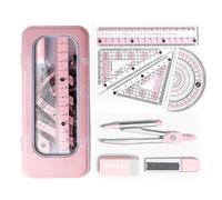 8PCS Maths Set Geometry Set for Secondary School Protractor and Compass Set School Stationery Supplies with Metal Box Prevent Myopia Clear Dual Color Kids Drawing School Mathematic (Pink)