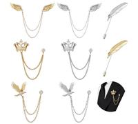 8PCS Men's Brooch Set Tassel Hanging Chain Brooch Collar Pins Wedding Brooches Wings Crowns Eagle Leaves Lapel Pin Suit Stud Shirt Tuxedo Accessories for Men Jewelry Gift, Metal, no gemstone