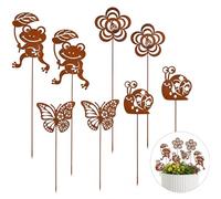 8PCS Metal Garden Ornaments, Khaki Garden Stakes Decorative with 4 Shaped - Frog, Butterfly, Snail, Flower, Rusty Garden Ornaments for Garden, Potted Plants Yard
