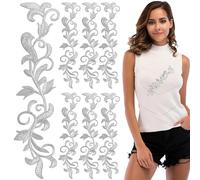 8PCS Metallic Leaves Embroidered Iron on Patch Trim Fringe Leaves Glitter Retro Boho Embroidered Appliques Iron-on Patches for Dress Pillow Sewing Accessories Embellishment (Silver)