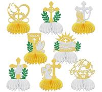 8Pcs Mi Confirmacion Honeycomb Centerpiece, On Your Confirmacion Table Decorations, God Bless First Holy Communion Table Decoration, Christening Centerpiece for Table Supplies Gold Silver Glitter