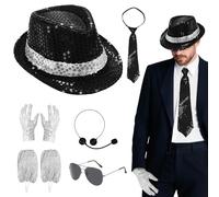 8Pcs MJ Costume Accessories, 80s Dancer Rocker Star Cosplay Set with Jazz Sequin Hat Gloves Socks Head Microphone Tie Sunglasses, King of Pop Fancy Dress Set for 80 Theme Party Carnival Dance Party