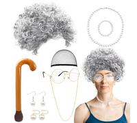 8pcs Old Lady Costume Set, Granny Wig Set Including Glasses Necklace Inflatable Walking Stick Earring Bracelet, Grandmother Fancy Dress for Christmas Halloween Cosplay