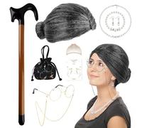8Pcs Old Lady Fancy Dress, Old Lady Costume Set with Grandma Wig, Pearl Necklace, Bracelet, Earrings, Inflatable Cane, Glasses, Handbag & Tattoos - Granny Costume for Halloween, World Book Day
