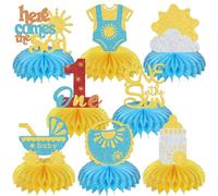 8Pcs One in the Sun Honeycomb Centerpiece Sunshine Baby Shower Decorations Sunshine 1st Birthday Party Decoration Gold Light Blue Glitter