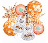8Pcs Orange & Green Music Theme Balloons Set, Shiny Guitar, Disco Ball & Record Balloons, Life of a Showgirl Party Decorations for Music Birthday, Pop Star Singer Celebration