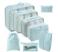 8Pcs Packing Cube Set, Travel Organizer Bags, Luggage Suitcase Organizer, Waterproof Wash Bag Including Large Toiletry Bag, Laundry Bag & Shoes Bag (Light Blue)