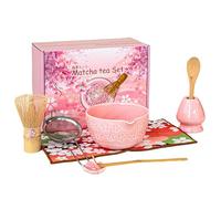 8Pcs Pink Matcha Set-Ceramic Matcha Bowl, Matcha Whisk with Sakura Charm Complete Japanese Matcha Kit with Whisk, Scoop, Sifter & Cloth