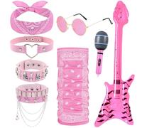 8Pcs Pink Rocker Costume Set, Punk Gothic Fancy Dress with Inflatable Bass Microphone Bracelets Collar Glasses Bandana Mask Rock Star Heavy Metal Accessories for Women Adult Cospay Disco Party