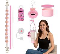 8pcs Pink Tumbler Accessories Kit for Stanley Cup, Yeti, Simple Modern, Owala & Hydro Flask - Includes Handle Strap, Silicone Boot, Bottle Cover, Straw Cover, Charms, Straw & Cleaning Brush