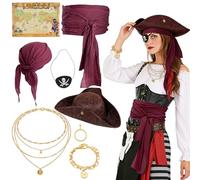 8Pcs Pirate Costume Accessories Set for Men Women Adults, Pirate Hat Bandana Sash Belt Eye Patch Necklace Bracelet Earring Treasure Map, Pirate Accessories Fancy Dress for Halloween Carnival Party