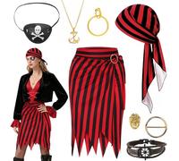 8Pcs Pirate Skirt Costume Women Cosplay Outfit for Women, Pirat Open Design Skirt Dress, Headscarf Necklace Rings Earrings Leather Eyepatch Ladies Attire for Role-Playing Halloween Mardi Gras