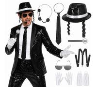 8Pcs Pop Star Costume Accessories for Adults Men 80s Dancer Rocker Star Disco King of Pop Fancy Dress Accessories with Jazz Sequin Hat Glove Tie Sunglasses for Halloween Cosplay Theme Party