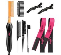 8Pcs Professional Hot Comb Hair Straightener Set - Electric Styling Kit with 3 Pcs Slick Back Brushes, Salon Clips & Lace Band for Sleek Hair & Salon Finishes(8P)