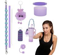 8pcs Purple Cup Accessories Set for Stanley Cup, Yeti, Simple Modern, Owala & Hydro Flask - Handle Strap Carrier, Silicone Boot, Straw Cover, Charms & Cleaning Brush Office, School & Outdoor Kit