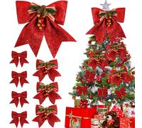 8pcs Red Bows for Christmas Tree, Red Topper Bows, Large Bow Tree Topper Christmas Decorations, Christmas Trees Toppers Bow, Glitter Velvet Bows, for Xmas Wreath Outdoor Indoor Decor