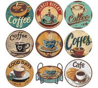 8Pcs Retro Diamond Coaster Set with Holder - Vintage DIY Diamond Painting Coffee Coasters, Cork Back Non Slip Coasters, Retro Gem Art Crafts & Unique Gifts for Adults
