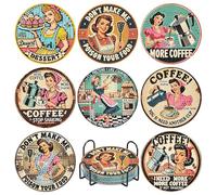 8Pcs Retro Housewife Diamond Art Coasters Kits, Vintage Coffee Diamond Painting Coasters with Holder Cork Pads, DIY Gem Art Coaster Kit for Home Decor