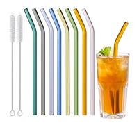 8Pcs Reusable Glass Drinking Straws Set, Colored Glass Straw 8 * 20cm Length, Eco Friendly Curved Drinking Smoothie Straws with 2 Cleaning Brush, Bent Straws for Milk Juice Coffe