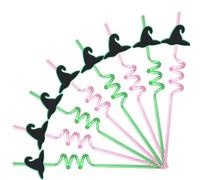 8Pcs Reusable Plastic Drinking Straws, Wizard Hat Pattern Curly Hard Plastic Straws, Green and Pink Witch Themed Birthday Party Favors Decor Supplies for Wicked Party Halloween