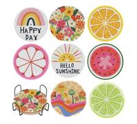 8Pcs Round Diamond Art Coasters, Insulated Non-Slip Fruit Coasters Set with Holder 5D DIY Full Drill Diamond Craft Supplies for Adults Kids Beginners Home Decor Car Cup Drinks