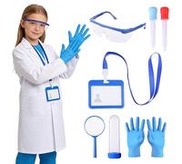 8PCS Scientist Costume Set Kids Doctor Lab Coat With Goggles ID Card Dropper Test Tubea Magnifier Cotton Scientist Outfit Doctor Dress Up Vet Coat for Boys Girls Halloween Carnival Role Play School