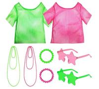 8Pcs Set Neon Clothes Fishnet Top For Woman 80'S Fashion Fishnet Top Plus Size, Neon Bracelets Costumes, Star Glasses Accessories For Women Retro Theme Parties, Masquerade Balls, Club Costumes