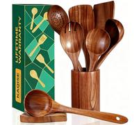 8Pcs Set of Wooden Kitchen Utensils with Holder & Spoon Rest, KAQISE Wooden Spoons & Spatulas for Cooking, Teak Utensils Set for Cooking, Handcrafted Nontoxic Wood Cooking Utensils Kitchen Tools