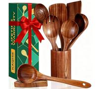 8Pcs Set of Wooden Kitchen Utensils with Holder & Spoon Rest, KAQISE Wooden Spoons & Spatulas for Cooking, Teak Utensils Set for Cooking, Handcrafted Nontoxic Wood Cooking Utensils Kitchen Tools