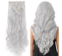 8PCS Silver Grey Hairpiece Clip in Hair Extensions 24inch Long Curly Wavy Synthetic Hair Piece