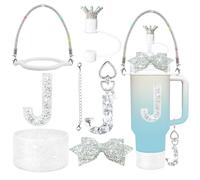 8Pcs Silvery Stanley Cup Accessories Set for Stanley Cup 30&40 Oz Tumbler, Silicone Straw Cover Cap and Boot, Handle Letter Charm, Bow Decoration Initial Sticker, Diamond Water Bottle Handle Strap (J)