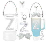 8Pcs Silvery Stanley Cup Accessories Set for Stanley Cup 30&40 Oz Tumbler, Silicone Straw Cover Cap and Boot, Handle Letter Charm, Bow Decoration Initial Sticker, Diamond Water Bottle Handle Strap (Z)